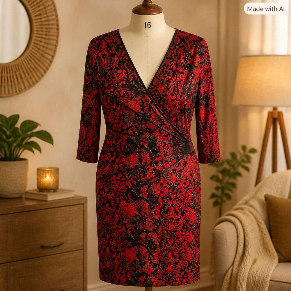 NorthStyle Red & Black Abstract Wrap Dress Size 16 Like New